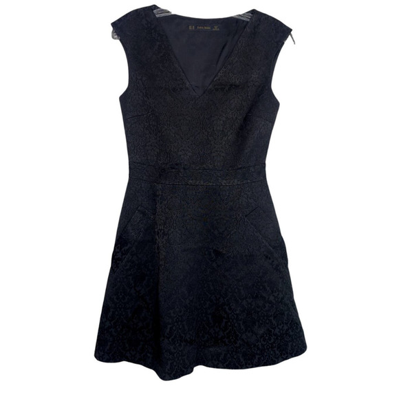 ZARA Sleeveless Embossed Jacquard V Neck Dress Pockets Zipup XS Black #2666 - Picture 2 of 12